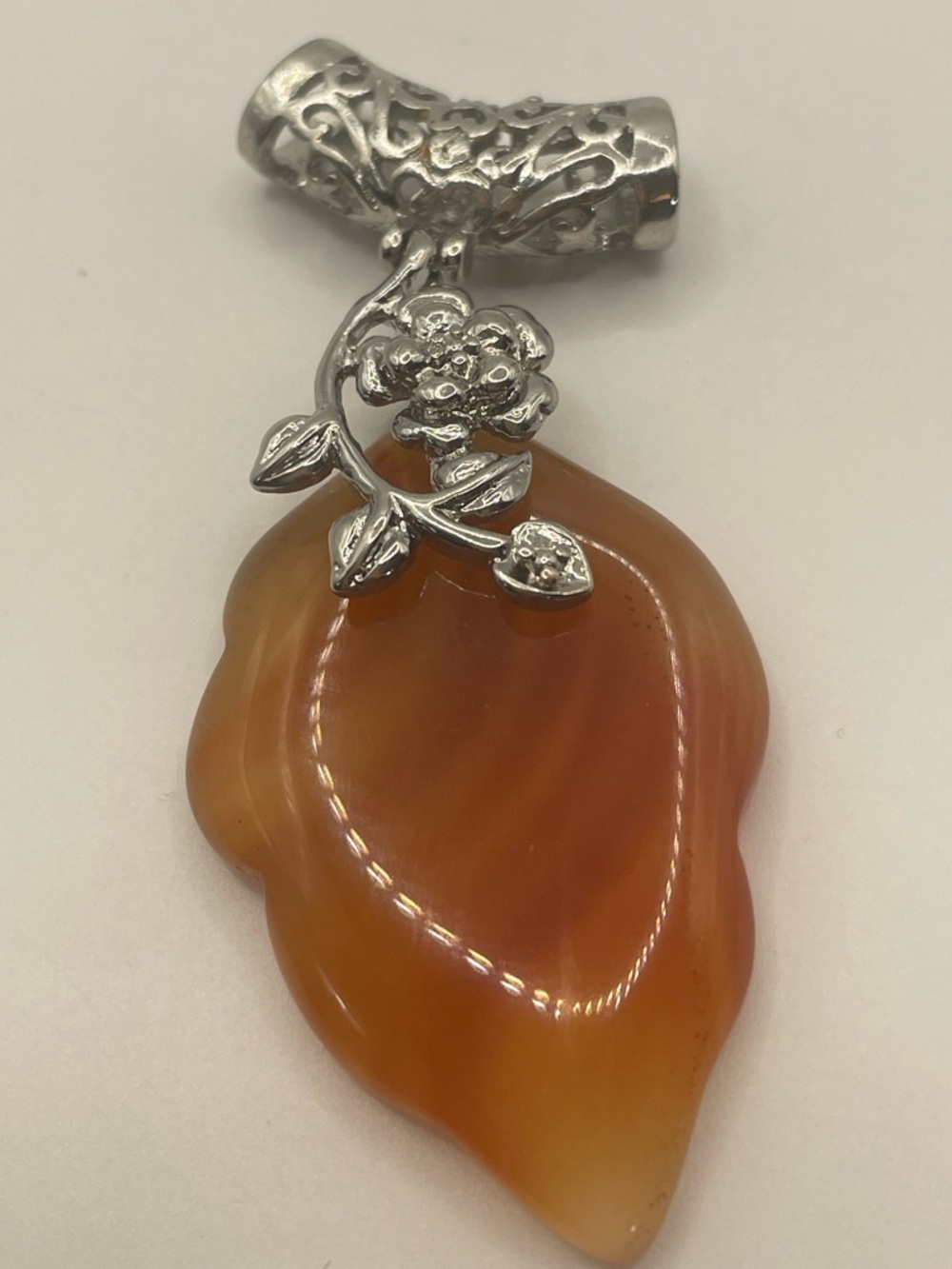 Sterling Silver 925 Floral Bail Orange Agate Leaf Pendant  2.25” L, 1” W